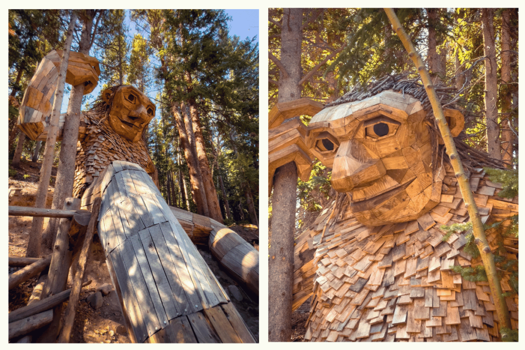 close up of the breckenridge troll made of recycled wood
