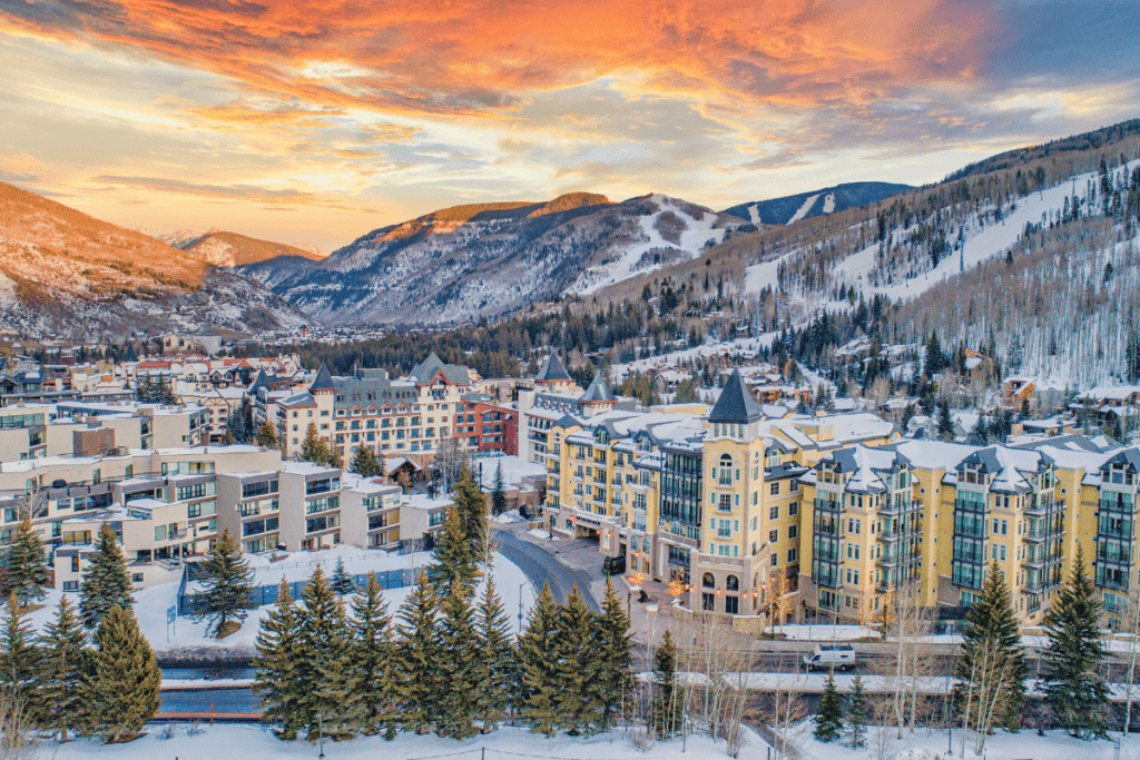 View of Vail at sunset during a day trip from Breckenridge.